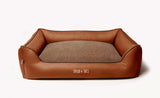 Designer dog bed, combination of leather and woven fabric