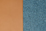 Two fabric swatches, one brown and one blue textured, side by side.