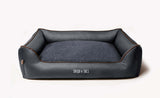 Designer dog bed, grey, made from leather and woven fabric 