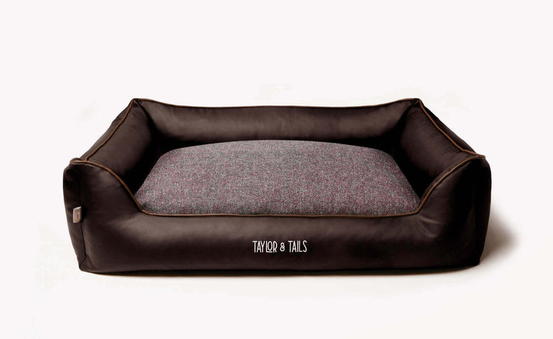 Designer dog bed, combination of leather and woven fabric