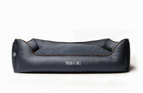 Large bolster memory foam dog bed, grey, made from leather and woven fabric 