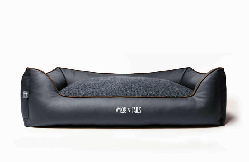 Large bolster memory foam dog bed, grey, made from leather and woven fabric 