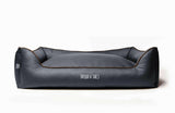 Bolster dog bed, with removable pillow, grey leather and woven fabric