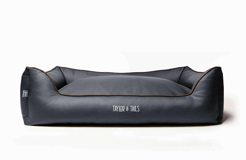 Bolster dog bed, with removable pillow, grey leather and woven fabric