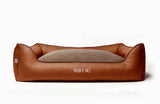 Bolster orthopaedic dog sofa bed, dark leather and woven fabric