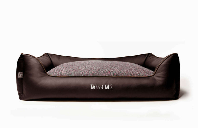 Extra large, durable orthopaedic dog bed, dark brown, luxury leather and woven fabric 