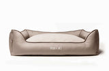 Extra large, easy clean dog bed, light beige, luxury leather and woven fabric 