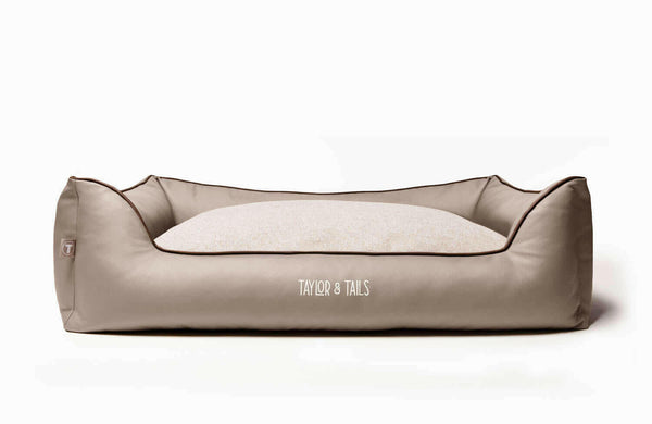 Extra large, easy clean dog bed, light beige, luxury leather and woven fabric 