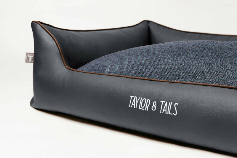 Modern bolster memory foam dog bed, grey, made from leather and woven fabric 