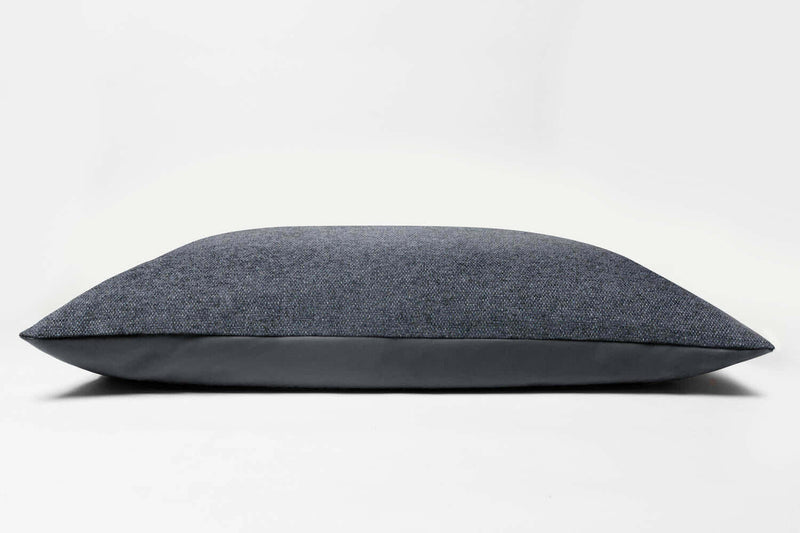 Grey dog bed pillow cover made from leather and fabric