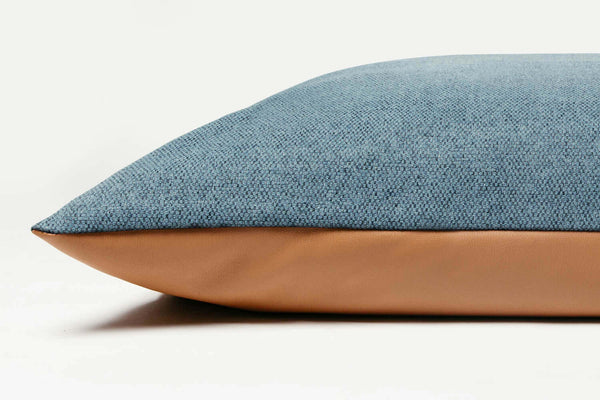 Beige, Blue dog bed pillow cover made from leather and fabric