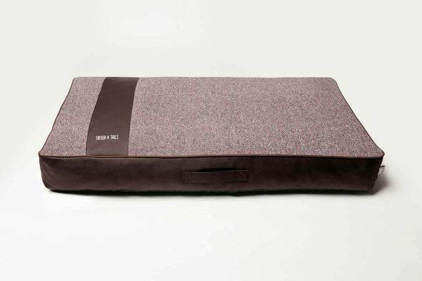 Extra large dog bed, dark brown, luxury leather and woven fabric 
