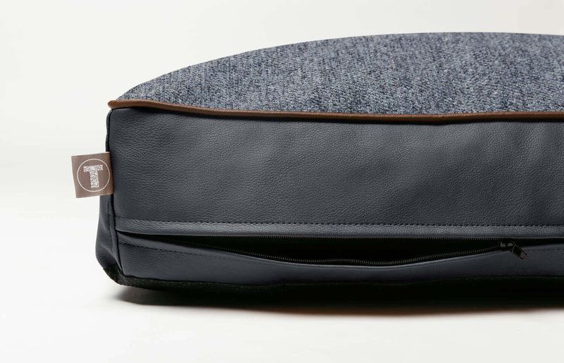 Grey dog mattrass cover made from leather and woven fabric